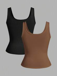 Slaydiva 3件装 黑色+白色 休闲基本款工字背心 窄罗纹针织 女式吊带背心 - 棕色 - 查看 2