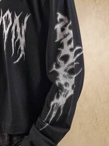 SUMWON Alternativ Gothic Streetwear Langarm T-Shirt in Oversized Passform mit Totenkopf Grafik-Muster, Winter Festival Konzert Punk Rock Stil