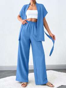 SHEIN Tall 纯色无袖休闲夏季高腰女士两件套（配腰带） - 淺藍色 - 查看 4