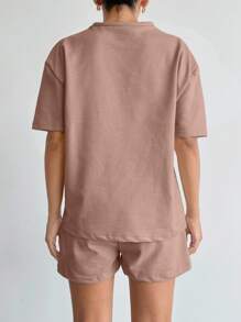 EURMUSE Áo thun trơn màu 100% cotton dành cho nữ và quần short thêu họa tiết - Màu Hồng  San hô - Xem 2