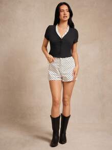 WESTFADE 混合材质罗纹针织和梭织荷叶边 V 领纽扣前长袖开衫 Y2K 秋季返校季 - 黑色 - 查看 2