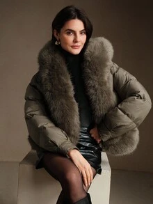 Anewsta Áo khoác chần bông cổ lông dày dặn, có đệm cho nữ, thích hợp cho mùa thu, mùa đông, đi chơi, thanh lịch, sang trọng, trang trọng, tốt nghiệp - Cà phê nâu - Xem 7