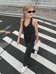 SHEIN Tween 女童夏季休闲条纹露背吊带连体裤 - 黑色 - 查看 5