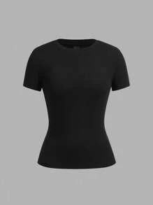 SHEIN EZwear 2 件黑色休闲简约圆领短袖基本款 T 恤，适合春夏季 - 黑色 - 查看 8