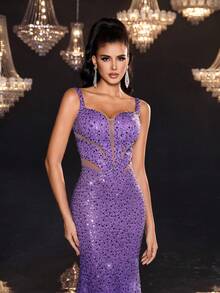 Glamrae Luxurious And Sexy Purple Sequin Embroidery Deep V Line Hollow Design Fishtail Hem Women's Evening Dress, Formal Dress - Purple - View 4