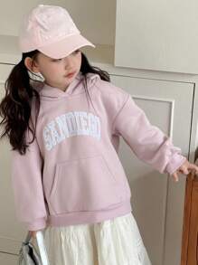 DAZY Young Girl Drop Shoulder Knit Fleece Hoodie With Embroidered Letter, Autumn/Winter - Pink - View 4