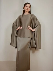 Veilorie Women's Solid Color Poncho Top & Skirt Arabic Style Set Elegant Two Piece Set Modest Two Piece Set Dress Modest