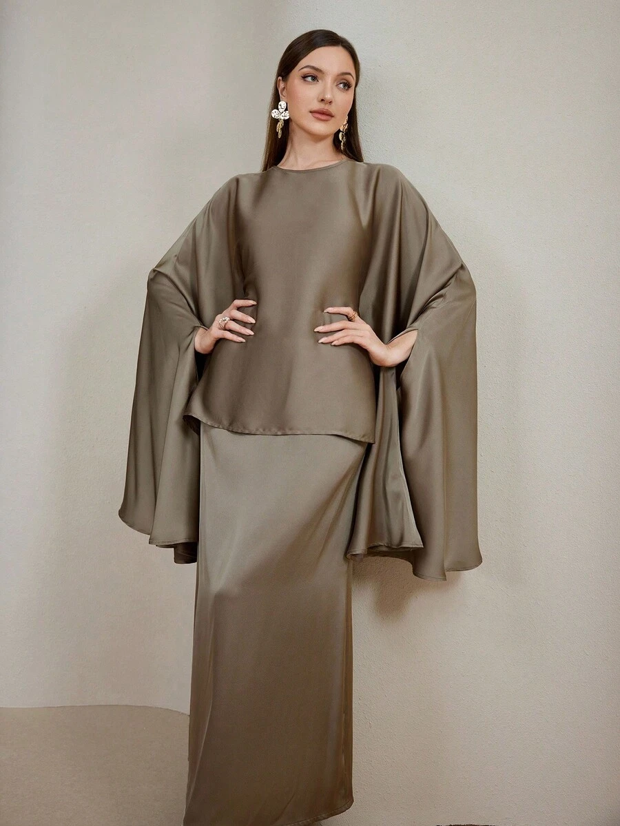 Veilorie Women's Solid Color Poncho Top & Skirt Arabic Style Set Elegant Two Piece Set Modest Two Piece Set Dress Modest