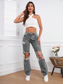 SHEIN Tall Damen Gerade geschnittene Loose Fit Jeans mit Taschen und Destroyed-Effekt