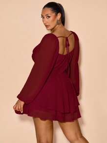 SHEIN BAE Plus Size Women's Early Spring/Fall Long Sleeve Daily/Holiday/Party Plunging Neck Draped Slit Black Solid A-Line Satin Sexy Mini Jumpsuit For Vacation/ Plus Size Wine Dress/ Long Sleeve Elegant Dress/ Plus Size Romper Dress,Fall Clothes For Women,Valentine's Day,Valentine Outfits For Women