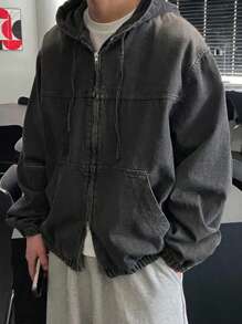 DAZY 男士纯色水洗连帽设计黑色牛仔夹克，秋季 - 黑色 - 查看 4