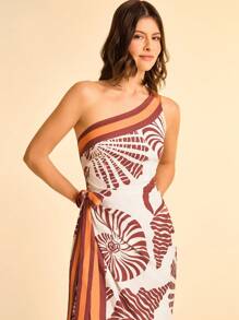 CAJUNI 女士度假棕色和橙色撞色饰边贝壳印花扭纹后背褶饰系带连衣裙，适合暑假、约会、派对、海滩、返校 - 彩色 - 查看 4