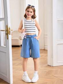 SHEIN Tween Girl Spring Summer Basic Casual Light Washed High Waisted Loose Fit Ruffle Waist Drawstring Denim Long Shorts With Bowknot And Rolled Hem Pockets, Girls Summer Beach Boho Vacation Comfortable Shorts, Summer Rave Concert Festival College Style , Tween Girl Short Jean Pants Tween Girl Casual Shorts Long Summer Shorts For Girls Denim Shorts - Dark Wash - View 4