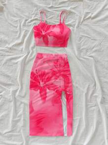 SHEIN 青少年女孩花卉印花修身休闲舒适背心和迷你裙套装 - 玫紅色 - 查看 3