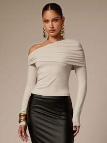 Silquee Women's Autumn Winter Solid Color Ruffle Shoulder Long Sleeve Fitted T-Shirt Business One Shoulder Not Fashionable Neckline Halter Sexy Party Tops, Women's Cute Tops, Christmas Clothing Women's New Year Style Women's Going Out Tops, Women's Christmas Tops, Cropped Tops Women's Retro Style Women's Not Fashionable Tops,Elegant Women's Blouses - Beige - View 4