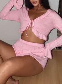 EasyFave Pink Lounge Set With V-Neck Tie Detail Top And Mini Shorts For Casual Comfort, Fall Winter Clothes, Cozy Outfits - Pink - View 4