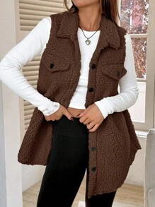 SHEIN EZwear 秋冬款棕色法兰绒大衣，长及大腿，女款，领口宽松设计 - 棕色 - 查看 3