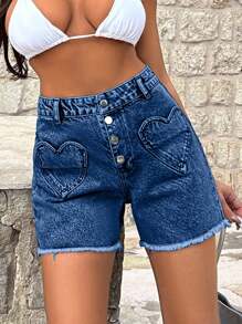 EURMUSE 100%Cotton HEART POCKET DETAIL HIGH WAIST SHORT - Medium Wash - View 4