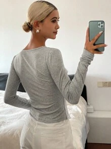 DAZY Áo hai dây ren chắp vá 2 trong 1 cổ tròn tay dài ôm vừa vặn thường ngày cho nữ, quần áo mùa xuân/thu, mùa thu cho nữ - Xám - Xem 2