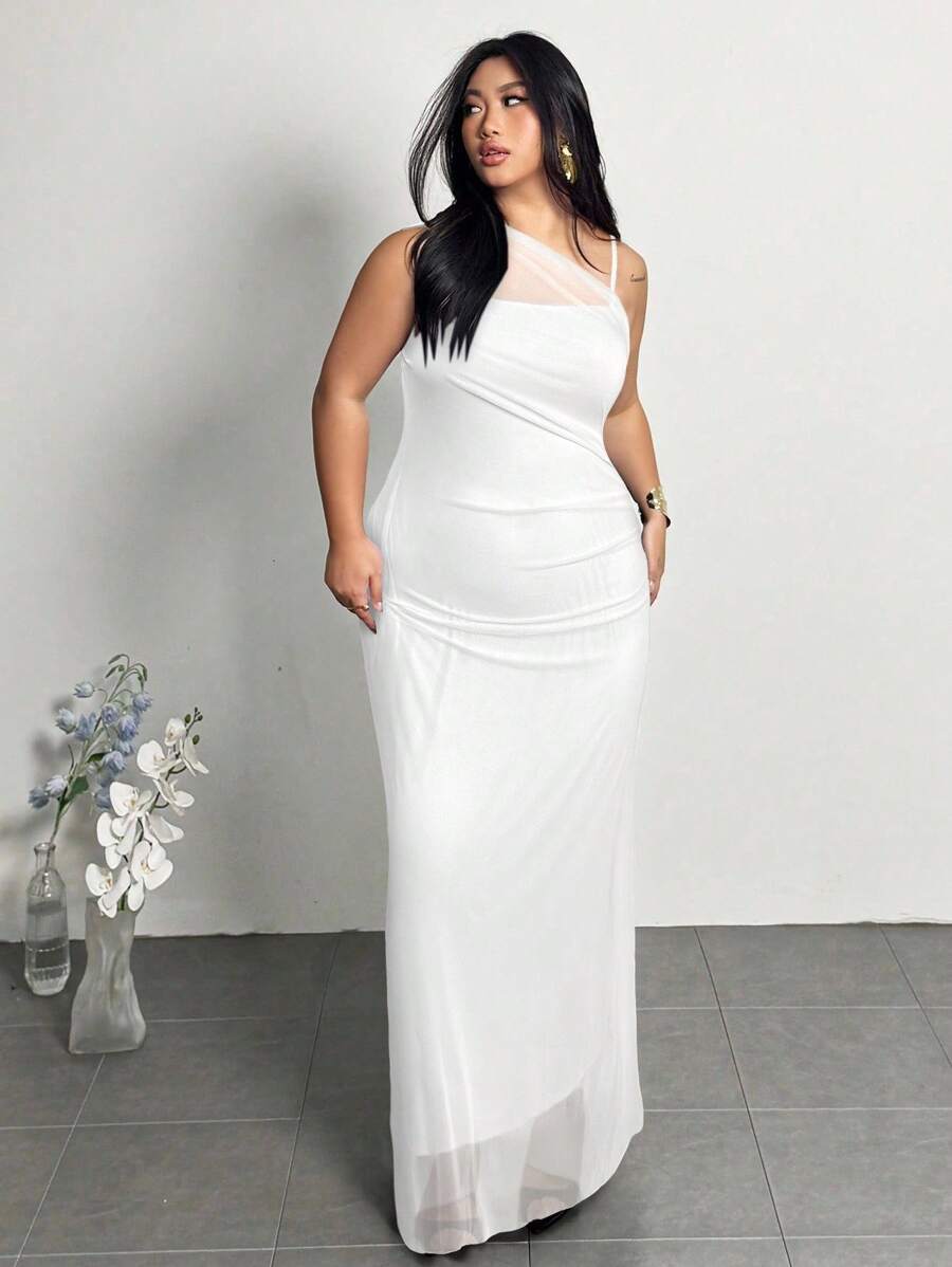 Firerie Plus Size Women's Elegant Minimalist Chic Fashion Basic Ins Style Dress, Suitable For Office, Commute, Music Festival, Beach Vacation, Sheer Asymmetrical Neck Ruched Bodycon Sleeveless Maxi Dress