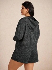 Elaquor Set de 2 piese, casual, versatil, vopsit în stil Tie-Dye, negru, pentru femei, mărime plus, jachetă cu hanorac și pantaloni scurți cu fermoar, toamnă - Negru - Vizualizare 2