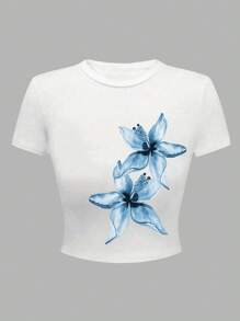 青少年女孩花卉印花短款贴身圆领 T 恤，休闲舒适，适合夏季