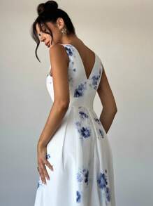 Firerie Robe élégante à col V sans manches avec imprimé floral pour femmes