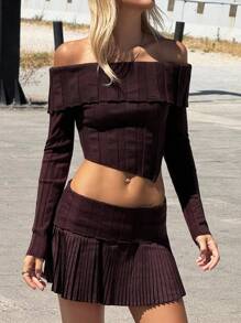 SHEIN ICON Women's Solid Color Off Shoulder Long Sleeve Asymmetric Hem Cropped Sweater And Pleated Knit Mini Skirt 2 Pieces Set Fall Women Clothes - Brown - View 7