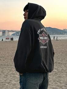 DAZY Men's Letter Graphic Hooded Sweatshirt, Autumn - Grey - View 7