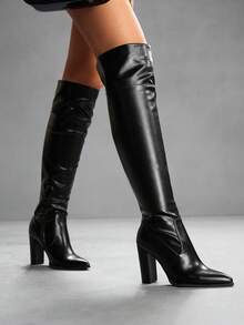 CUCCOO SZL 女士时尚黑色英伦风格骑士靴，性感尖头扣带粗跟修身高筒过膝正装靴 - 黑色 - 查看 1