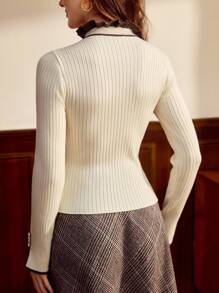 Vintamour 复古经典优雅女士毛衣，撞色荷叶边针织衫，杏色和咖啡色纽扣装饰套头衫，秋冬季，秋季节日女装 - 杏色 - 查看 2