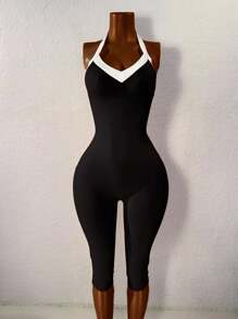 BamGleam 女式撞色露背吊带连体裤 - 黑與白 - 查看 8