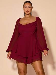 SHEIN BAE Plus Size Women's Early Spring/Fall Long Sleeve Daily/Holiday/Party Plunging Neck Draped Slit Black Solid A-Line Satin Sexy Mini Jumpsuit For Vacation/ Plus Size Wine Dress/ Long Sleeve Elegant Dress/ Plus Size Romper Dress,Fall Clothes For Women,Valentine's Day,Valentine Outfits For Women