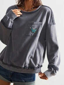 Bohemela 秋冬波西米亚风音乐节休闲纯色针织圆领宽松水洗女式图案卫衣 - 灰色 - 查看 5