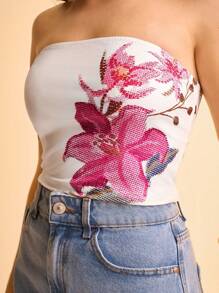 CAJUNI Damen tropisches Lässig Urlaubs-Strand rosa tropisches Blumen Pflanzen Muster kurzes Camisole Top - Verschiedenfarbig - Übersicht 4