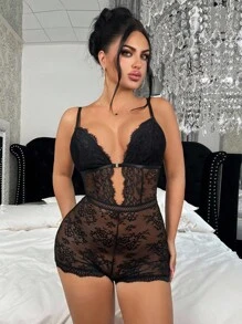 SHEIN 前扣式浪漫蕾丝连体衣，外出 - 黑色 - 查看 4