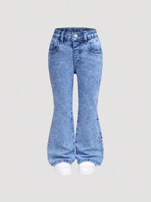 年轻女孩新款时尚粉色蝴蝶结刺绣仿口袋百搭高腰喇叭弹力做旧浅色洗水牛仔裤 - 中等水洗藍 - 查看 4