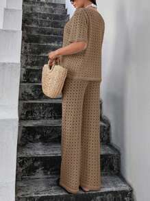 EURMUSE 2pcs/Set Summer Thin Knit Short Sleeve Top And Long Pants Coverup - Camel - View 2