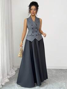 Elenzga 优雅通勤时尚优雅百搭无袖翻领做旧束腰双排扣不对称下摆长款A字裙女套装 - 灰色 - 查看 7