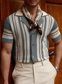 Manfinity Homme 男士条纹翻领短袖单排扣针织上衣