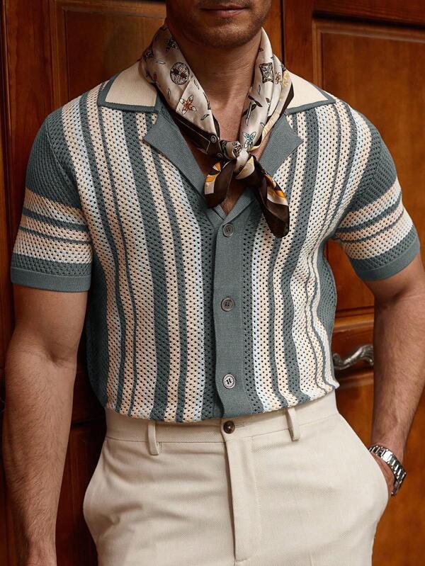 Manfinity CityGents Top tricoté à col châle rayé, manches courtes, simple boutonnage pour hommes
