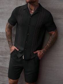 Manfinity Homme 男士夏季印花短袖衬衫+抽绳短裤套装男黑色套装男士衬衫套装男士钩针衬衫男士针织纽扣男士黑色短袖衬衫 - 黑色 - 查看 3