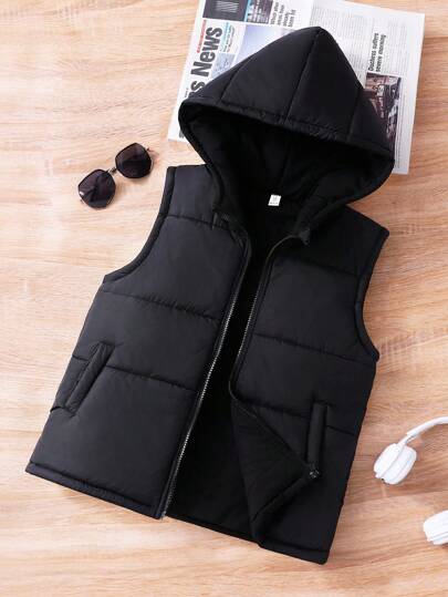 Casual Hooded Vest For Tween Boy Suitable For Outings, Autumn/Winter Fall