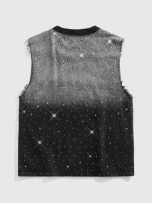 ROMWE MEN Street Life Men's Ombre Sparkling Diamond Washed Denim Vest - Black - View 3