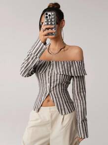 SHEIN ICON 女士条纹露肩性感露肩长袖衬衫 - 棕色 - 查看 4