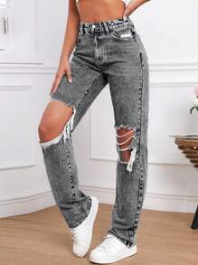 SHEIN Tall Damen Gerade geschnittene Loose Fit Jeans mit Taschen und Destroyed-Effekt