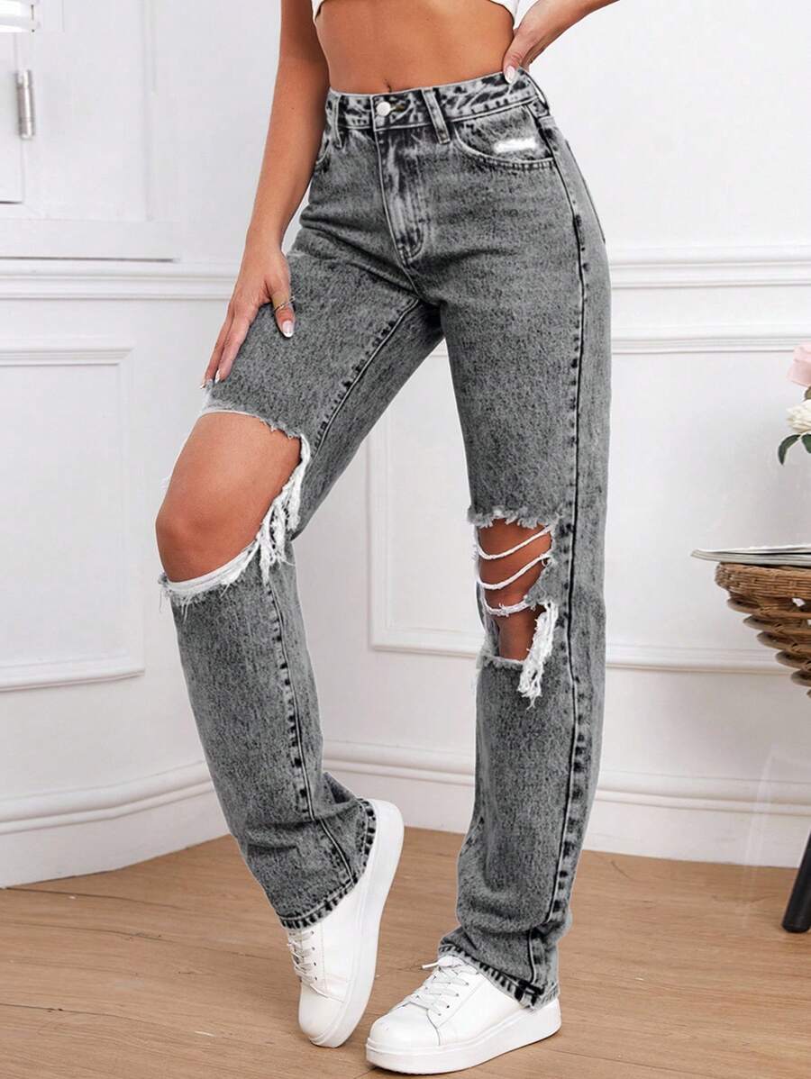 SHEIN Tall Damen Gerade geschnittene Loose Fit Jeans mit Taschen und Destroyed-Effekt