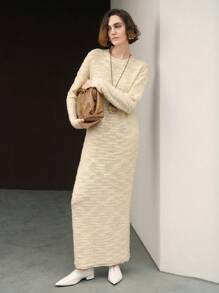 Uhlyne Uhlyne Vestido de punto con cuello redondo, manga larga, unicolor y detalles de cuentas para mujer, adecuado para el uso diario en otoño/invierno - Beis - Ver 6