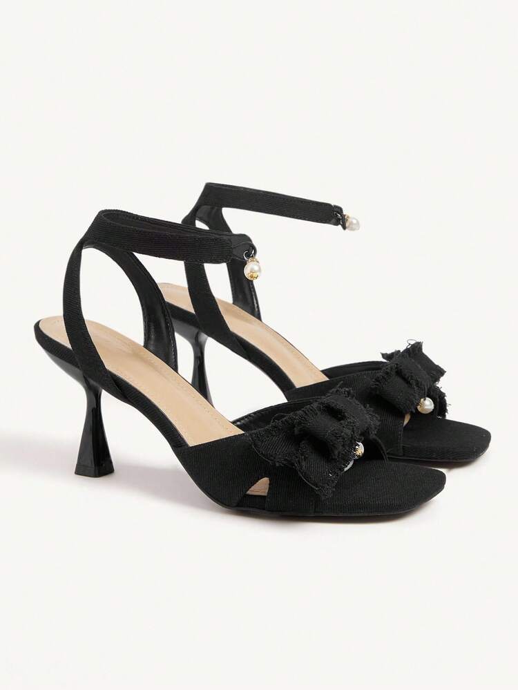 CUCCOO CHICEST Women's Elegant Bowknot Pearl Fringe Strap Square Toe Chunky Heel Mid-Heel Sandals, Suitable For Formal, Party, Date, Gothic, Black Fabric, High Heels, Cocktail,, Bar, Halloween, Christmas, Thanksgiving, Birthday, Valentine's Day