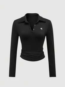 INAWLY 2 件女式休闲长袖黑灰色刺绣 Polo 领 T 恤，户外修身款 - 彩色 - 查看 3